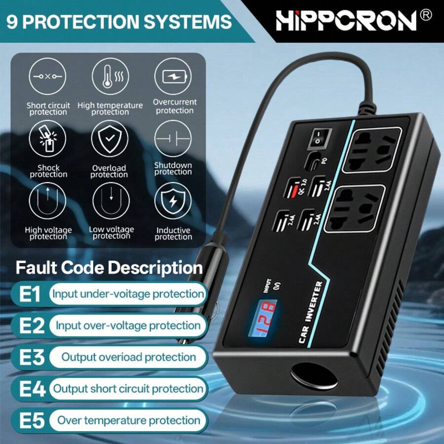 Inversor de corriente para coche de 200W con puertos de carga USB/PD/Tipo-C, convertidor de CC 12V/24V a CA 110V/220V