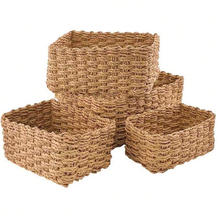 2025feyiubmen Korb Aufbewahrung Badezimmer Bad Körbchen Aufbewahrungsbox Deko Aufbewahrungskörbe 4er Set aus Gewebtem Recyclebarem Papierseil,für Accessoires Schminke cd tampon Spielzeug - 1 - Übersicht 1