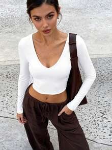 XLLAIS Deep V-Neck Long Sleeve Top, Double-Layer Yoga Fabric, White Basic Warm T-Shirt, Women Autumn/Winter - White - View 4