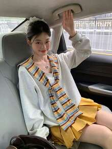 Women's Spring Knit Top, V-Neck Striped Poncho Faux Two Pieces Sweatshirt, Loose Casual Long Sleeve Jacket - Grey - View 1