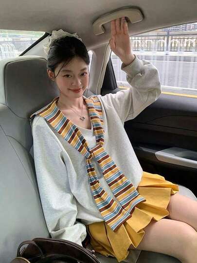 Women's V-Neck Striped Poncho 2 In 1 Sweatshirt, Loose Casual Long Sleeve Top Jacket, Autumn New Arrival