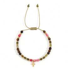 Luxury Gold Spacer Cross Beaded Bracelet, Polished Stone & Turquoise Accent, Versatile Accessory For Everyday Wear