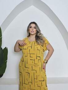 Printed Plus Size Midi Knit Dress - 芥末黃 - 查看 4