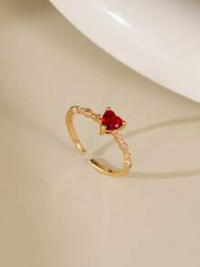 1 chiếc nhẫn hở hình trái tim Cubic Zirconia màu đỏ tối giản & thanh lịch, đeo hàng ngày, đám cưới, tiệc tùng, quà tặng ngày lễ, đồ trang sức bằng đồng - Vàng - Xem 8