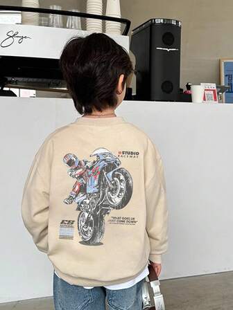 青少年男孩休闲街头复古摩托车字母印花圆领抓绒套头衫