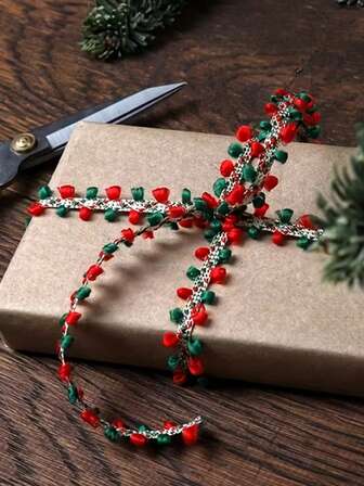 1pc Red & Green Pom Pom Ribbon - Elegant Christmas, New Year's, Wedding, Party Decorations - Durable Polyester Crafting Tape For Gift Wrapping, Scrapbooking, Floral Arrangements - Ideal For Home, Events, Crafting Projects, Event Decor, Decorative Trim, Smooth Texture, Craft Supplies, DIY Enthusiasts