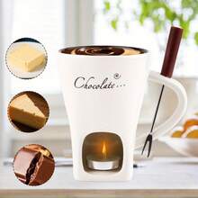 1 set Tasse à café en céramique, pot à faire fondre le chocolat avec fourchette pour cuisine et salle à manger, tasse réchauffe-fromage et set de fusion du chocolat - convient pour mariage en extérieur, fête, cadeau d'anniversaire