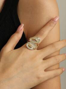 1 chiếc nhẫn hình lá nhiều lớp sang trọng đính đá Cubic Zirconia, phụ kiện trang sức cưới thời trang lấp lánh, có thể điều chỉnh kích thước, phù hợp cho phụ nữ đeo hàng ngày, đi du lịch và nhiều dịp khác nhau. - Vàng - Xem 8