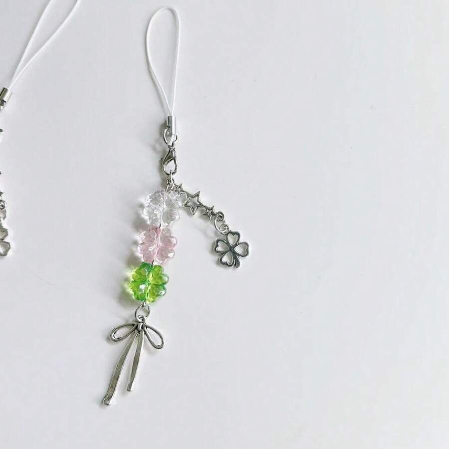 新款甜美女孩合金四叶草小钥匙扣挂件包包挂扣手机链挂绳装饰，兼容安卓及大多数智能手机，送给妈妈、家人、朋友、孩子、生日、节日的礼物 - 手機掛繩 - 查看 1