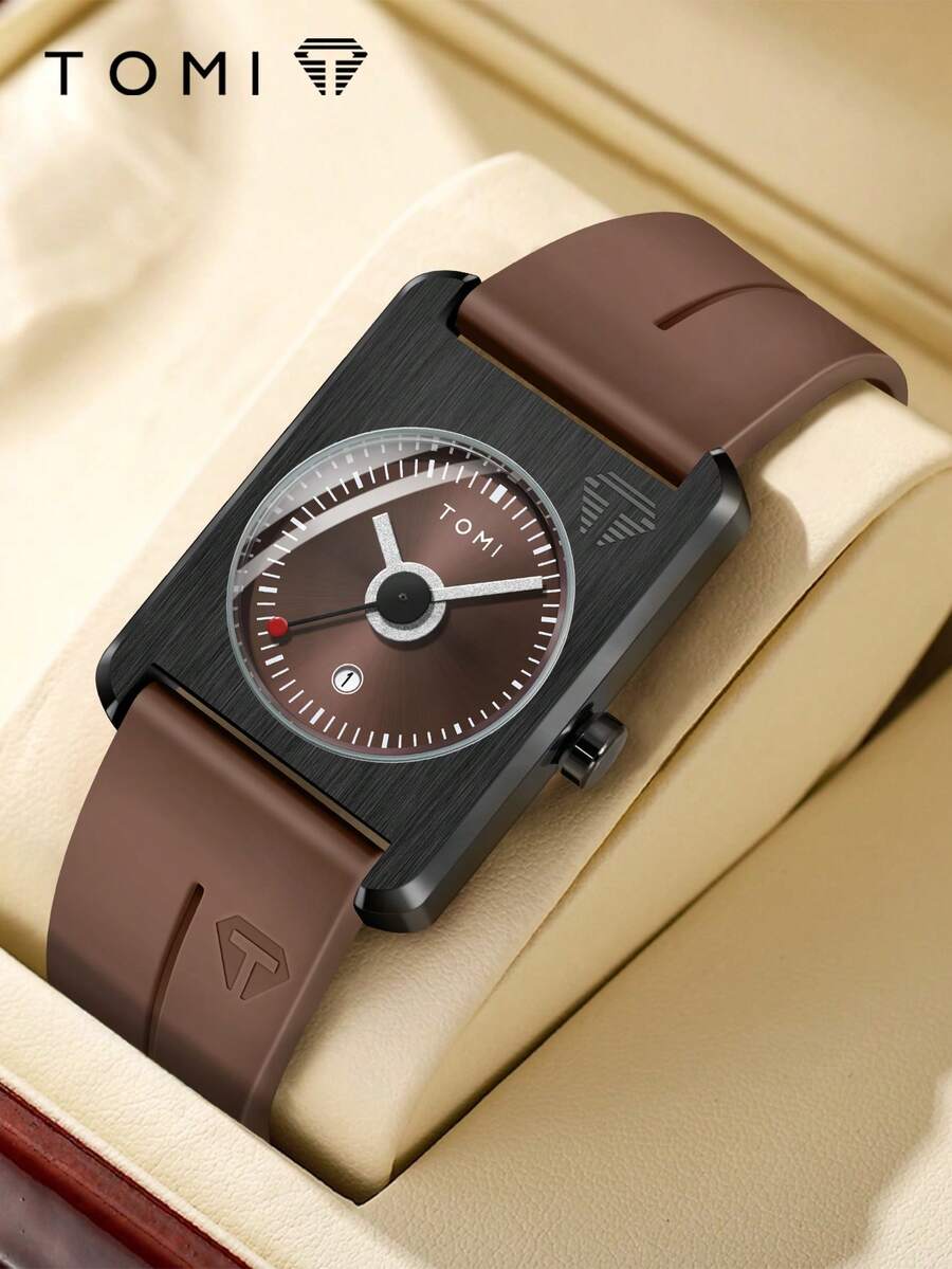 1pc TOMI Men's Square Silicone Strap Watch, Fashion Luxury Style Unisex High-Quality Quartz Watch Suitable For Daily Life, Holidays, Gifts, Back To School, Halloween, Valentine's Day, Christmas, Year-End - Brown - View 1