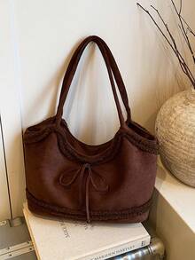 Bolso de mano de ante y piel sintética vintage para mujer, nueva bolsa de hombro con lazo de gran capacidad 2025, bolso de transporte debajo del brazo