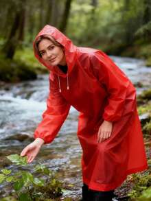 1pc Thick Hooded Raincoat, Waterproof Jumpsuit Rain Jacket For Men And Women, Plus Size Couple Rainwear - Red - View 3