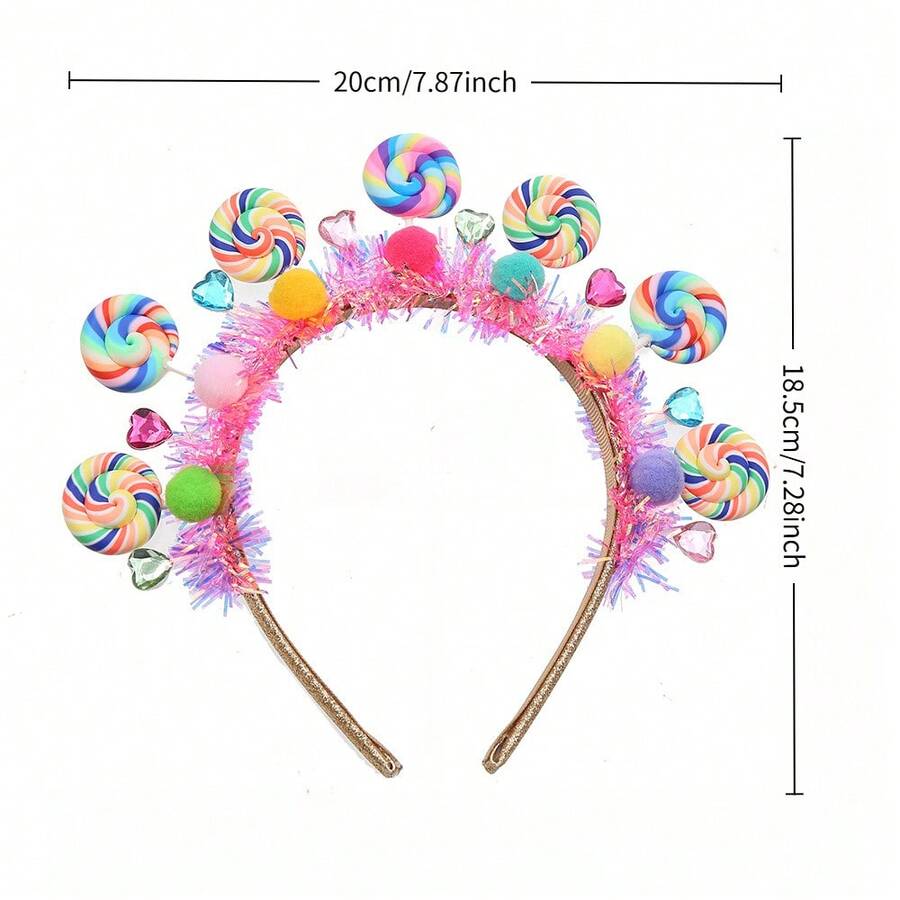 1/2Pcs Colorful Lollipop Pom Pom Headband, Cute Candy Hair Hoop, Non-Slip Party Costume Headpiece For Birthday Carnival Cosplay, - 款式二-金色 - 查看 1