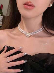 1pc Elegant & Delicate Rhinestone Studded Pearl Necklace, Fashionable Choker Necklace For Girl, Suitable As Birthday Or Holiday Gift - White - View 6