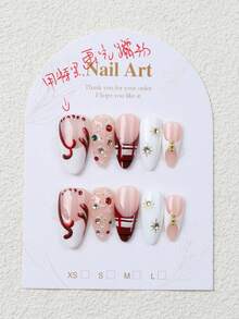 10件組杏仁形紅色格紋3D水鑽全覆蓋法式美甲貼片，可重複使用，4種尺寸可選，適合女孩/女性、演員、舞台表演、節日、派對、婚禮及日常配戴，完美適配聖誕節、新年與秋冬季節的手工穿戴式假指甲 - 紅白色 - 查看 4