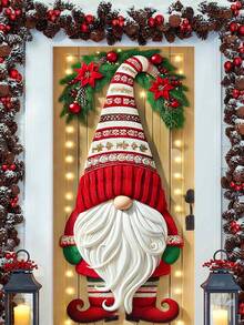 1 Stück Rotkäppchen-Zwerg mit Poinsettia-Kranz-Muster Weihnachts-Türverkleidung, festlicher Polyester Tür-förmiger Hängedekoration mit leuchtend roten Ornamenten, grünem Blattwerk und Lichterketten-Details, waschbar für Innen- und Außenbereich, perfekt als Weihnachts-Türdekoration und Akzent für Weihnachtsfeierlichkeiten, winterliche Festveranstaltungen