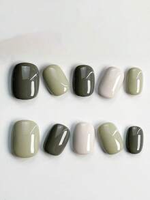 10 pezzi di unghie finte corte e quadrate, realizzate a mano, di colore verde, in stile Y2K, delicate e semplici, con colori a contrasto, adatte per donne e ragazze, per l'utilizzo in autunno/inverno, feste e vita quotidiana