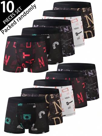10pcs Men's Briefs, Assorted Patterns, Fashion Letter Print, Thin Waist, Comfortable Men's Briefs, Boxer Shorts