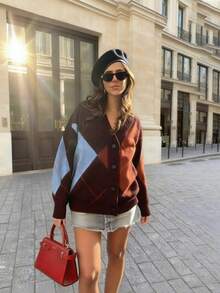 Nouveau cardigan femme mode automne et hiver, col V, couleur mélangée, motif à carreaux et diamants