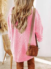 Acelitt Autumn/Winter Women's Solid Color Knitted Textured Pattern Dropped Shoulder Oversized Sweater Dress, Order One Size Down - Pink - View 3