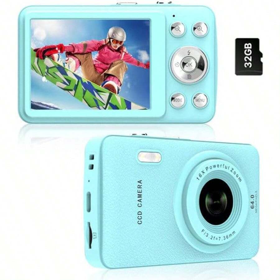 W&O 2.4-Inch Digital Camera, FHD 1080P, Digital Point And Shoot, Retro 64MP For Vlogging With Anti Shake 16X Zoom, Compact, 32GB SD Card Included,MP3 Player, With Flashlight -Best Gift For Beginners Of Cameras - 藍色-Q3 - 查看 1