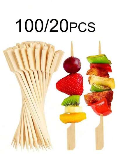 100/20 piezas Pinchos de bambú, Palitos de bambú de madera, Elegantes palillos planos de 9cm/12cm/15cm, Adecuados para fiestas, bebidas, sándwiches, frutas, barbacoa, bandejas de comida cocida, suministros escolares, brochetas, salchichas, aperitivos, olla caliente, etc. Palitos de bambú de madera natural, Mini comida