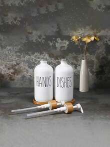 2pcs Bamboo Pump Head Glass Bottle With Tray, Press-Type Tabletop Washing Liquid Bottle, Bathroom Disinfection Hand Sanitizer Container, Soap And Liquid Distribution Bottle, Shampoo And Shower Gel Empty Bottle, Bathroom Accessories, Home Decoration, Bottle Body Arbitrary Decal. Household Goods