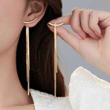 Muse Style Long Fringed Earrings, Slender And Simple Cool S925 Silver Needle Earrings, Women's Elegant Jewelry - 金色 - 查看 1