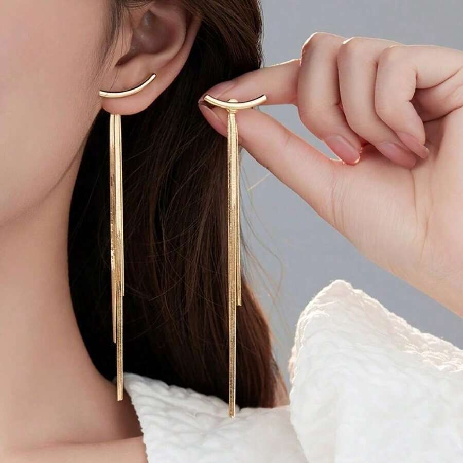 Muse Style Long Fringed Earrings, Slender And Simple Cool S925 Silver Needle Earrings, Women's Elegant Jewelry - 金色 - 查看 1