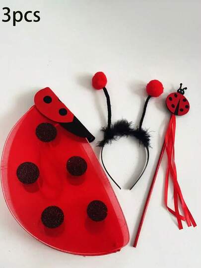 3pcs/1pc Christmas Carnival Party Performance Red & Black Polka Dot Cute Ladybug Wings Performance Costume Set/Single Item