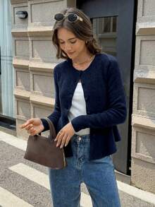 FOR BEAUTY Autumn And Winter Solid Color Round Neck Long Sleeve Waist Slimming Sweater Women's New Daily Casual Commuting Cardigan Fashionable Elegant Simple Coat Christmas Warm Sweater Top New Year