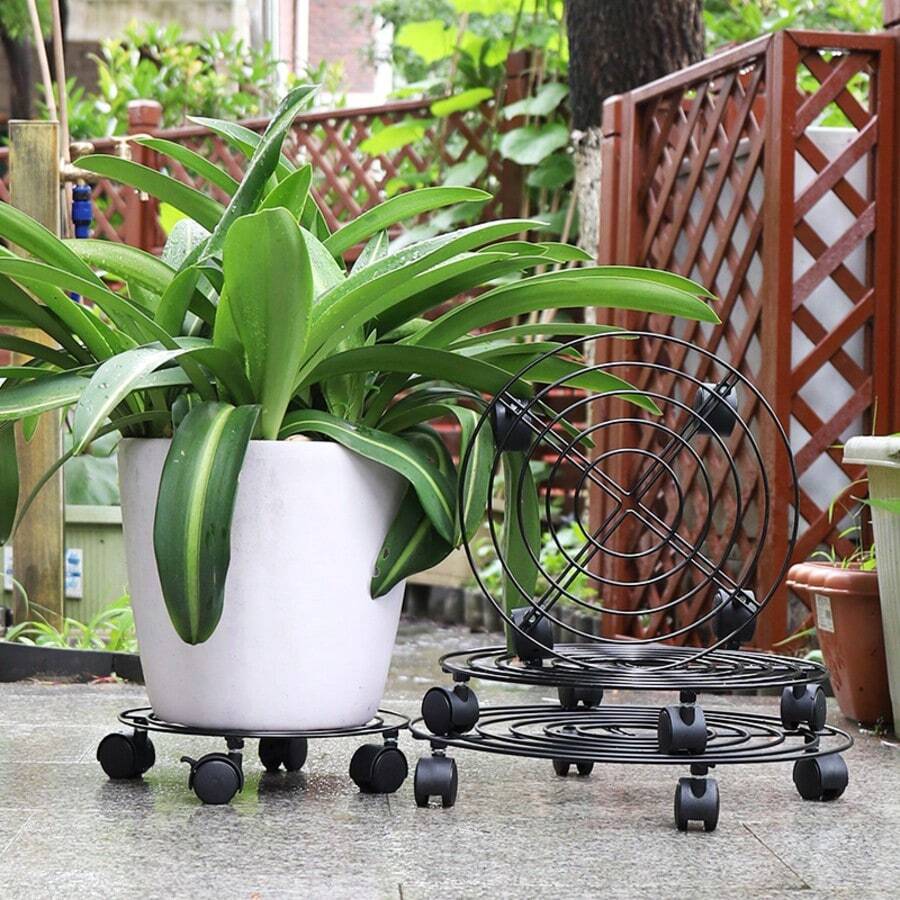 Heavy Duty Iron Round Plant Stand With Caster Wheels - Multifunctional Mobile Planter Rack And Garden Tool Storage Organizer - Easy Moving 360° Swivel Caster Plant Stand
