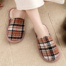 Women's Fashion Plaid Thermal Lined Slippers, Couples Bohemian Style Thick Warm Indoor House Slippers - Red Brown Grid - View 4