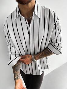 男士经典黑白条纹长袖衬衫，亚麻质感纽扣衬衫，适合休闲、办公、通勤等各种场合，四季皆宜，展现复古绅士风范，圣诞节和新年男士礼物之选 - 白色 - 查看 4