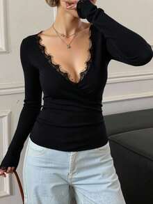 Livesso Women's V-Neck Lace Patchwork Slim Fit Long Sleeve Casual Sexy Sweater Fall - Black - View 1