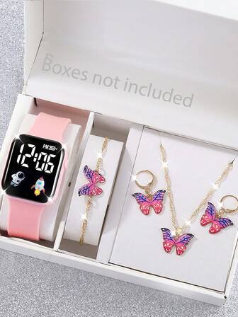 5件套粉色火箭卡通图案数字夜光女孩可爱电子手表和彩色蝴蝶手链项链耳环首饰套装