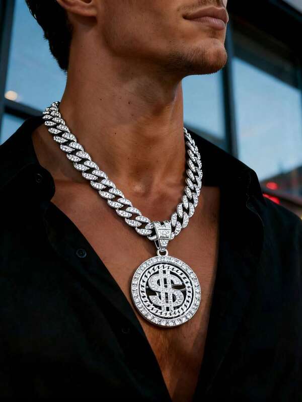 عقد دولار دوار فاخر وجريء بزخارف من السبائك والكريستالات للرجال بالطراز الأوروبي والأمريكي، يأتي مع سلسلة، مناسب للارتداء اليومي للرجال والنساء على حد سواء