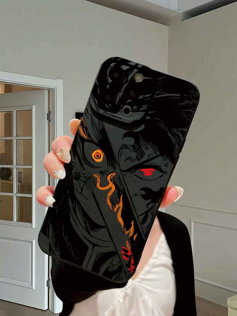 1pc High-Grade Anime Heterochromia Pattern Matte Black Lens Protection Phone Case Compatible With Apple//OPPO/Vivo/Redmi/ Series - Black - View 1