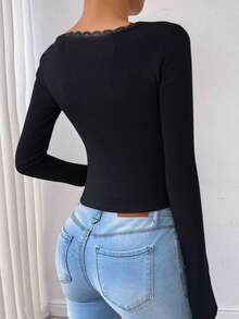 2pcs Lace Patchwork Square Neck Slim Fit Long Sleeve T-Shirt For Women, Casual Soft Comfortable Solid Color Base Layer Top, Autumn/Winter - Multicolor - View 5