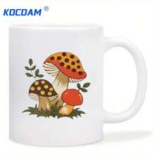 1pc 11oz Ceramic Coffee Mug With Vibrant Red & Brown Mushroom Design, Green Leaves & Leaves - Reusable, Hand Wash Only, Perfect For Hot Or Cold Drinks, Coffee Bar Accessories - White Mug - View 5