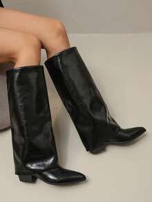 2025新款黑色尖头修身高筒靴复古马术风百搭时尚靴子舒适筒靴欧美女靴 - 黑色 - 查看 2