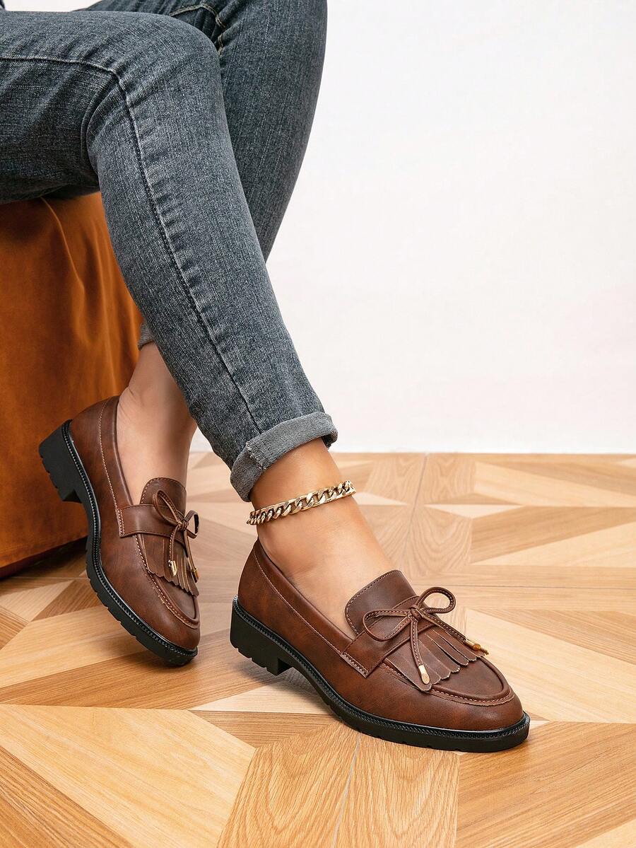 女士乐福鞋，圆头流苏平底乐福鞋，户外复古一脚蹬鞋，女士休闲鞋 - 咖啡棕 - 查看 1