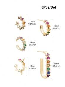 5 Pcs/Set (For 1 Side Ear) Earrings Set For Women Gold Plated Zirconia Rainbow Ear Stud Hoop Earring Women Elegant Jewelry Accessories - 5 Pcs/Set - View 4