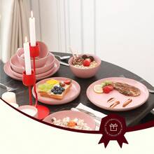 HomeVss Eur-Nordic Shape Raising Rim 20pc Dinnerware Set, Shiny Pink With Speckle Effect - 粉色 - 查看 2