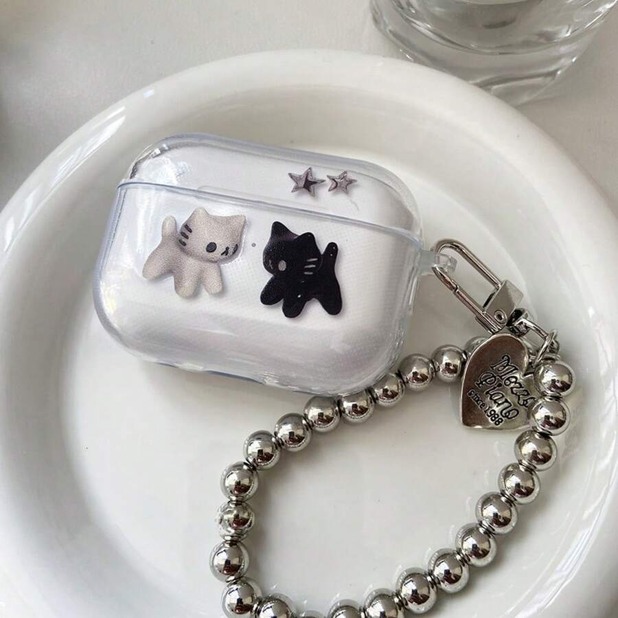 Black & White Cat Electroplated Chain Suitable Compatible With Airpods 2/3/Pro/Pro2/Pro3 Protective Case, 4 - Clear - View 1