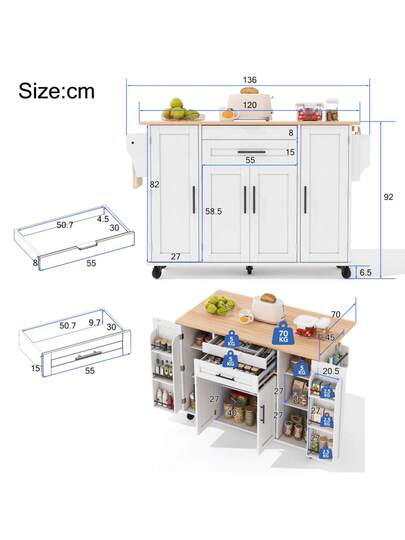 120*45cm, Mobile Kitchen Isl Trolley, Worktop Extends Up To 70cm, Hidden Cutlery Drawer, Adjustable Shelves, Spice Rack Towel Holder, Kitchen, Dining Room Or Living view 7