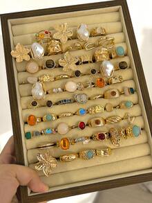 20/6pcs Vintage Delicate Bohemian Minimalist Style Gold Stackable Rings Set, Includes Flower, Bow, Asymmetrical Pearl, Twist, Heart, Rhinestone, Moon, Star, Cross, Cat Eye Stone Designs, Suitable For Women, Holidays, Parties, Dates, Daily Wear, Gift (Random Assortment) - Gold - View 2