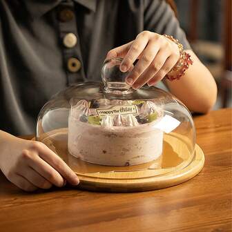 Suporte para bolo de madeira com tampa de vidro - Bandeja redonda elegante, adequada para sobremesas, nozes e frutas - Perfeito para cozinha doméstica, restaurante ou hotel - Design de bambu, adequado para café, chá e doces, apresentação de sobremesas delicadas, superfície de madeira natural