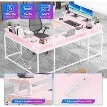 Escritorio para juegos Jojoka en forma de U, reversible en forma de L con tomas de corriente, tira LED y soporte para monitor, escritorio esquinero grande con estantes para oficina en casa. Pink - Rosa - Ver 7
