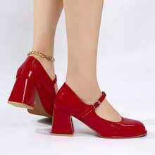 Red Patent Leather Mary Jane Shoes For Women. Classic Ankle Strap Buckle Design, Retro And Elegant. Glossy Patent Leather, Eye-Catching And Brightening. Suitable For Commuting, Dating, Parties And Other Occasions. - 紅色 - 查看 3